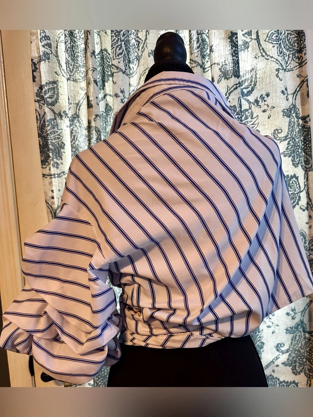 Tea n Cup White and Navy Striped Wrap Button-Down Blouse - Picture 3 of 8